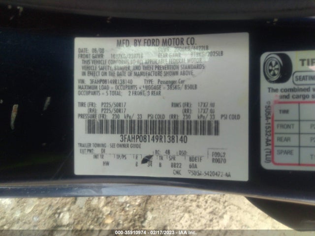 2009 FORD FUSION SEL VIN: 3FAHP08149R138140