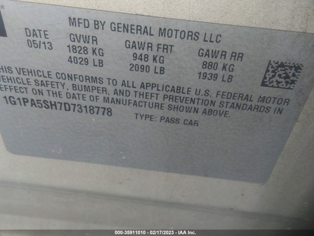 2013 CHEVROLET CRUZE LS VIN: 1G1PA5SH7D7318778