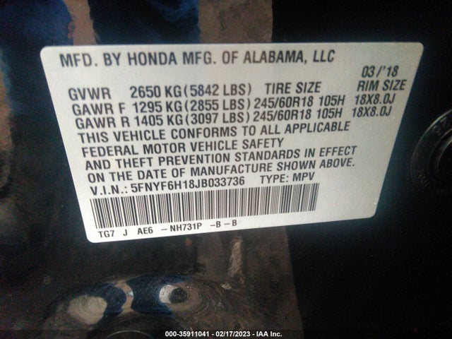 Honda PILOT LX 2018 5FNYF6H18JB033736 Image 9