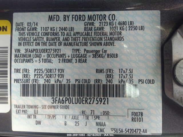 2014 FORD FUSION SE HYBRID VIN: 3FA6P0LU0ER275921