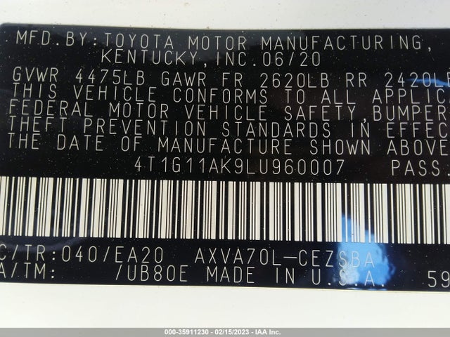 Toyota CAMRY SE 2020 4T1G11AK9LU960007 Image 9
