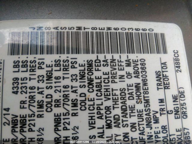 JN8AS5MT8EW603660 Nissan Rogue Select S