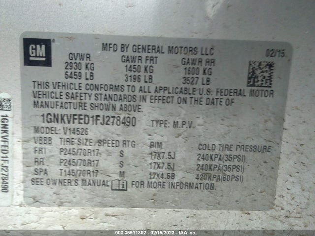 Chevrolet Traverse Ls 2015 1GNKVFED1FJ278490 Image 9