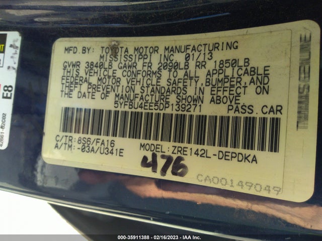 2013 TOYOTA COROLLA L/LE/S VIN: 5YFBU4EE5DP139271