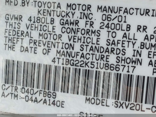 Toyota Camry 2001 4T1BG22K51U866717 Image 9
