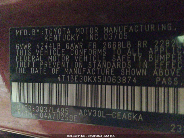 2005 TOYOTA CAMRY LE/SE/XLE VIN: 4T1BE30KX5U063874
