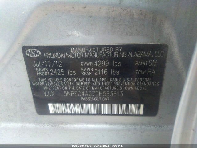 2013 HYUNDAI SONATA LIMITED VIN: 5NPEC4AC7DH563813