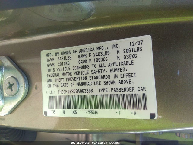 2008 HONDA ACCORD SDN EX-L VIN: 1HGCP26808A063396
