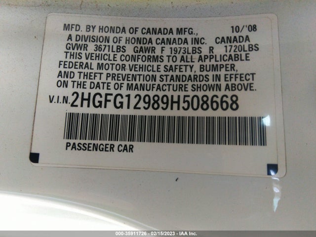 2009 HONDA CIVIC CPE EX-L VIN: 2HGFG12989H508668