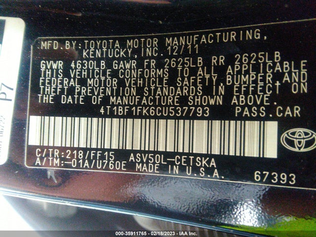 2012 TOYOTA CAMRY L/LE/SE/XLE VIN: 4T1BF1FK6CU537793