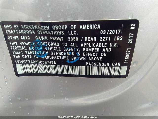 1VWGT7A33HC067478 Volkswagen Passat 1.8t Se W/technology