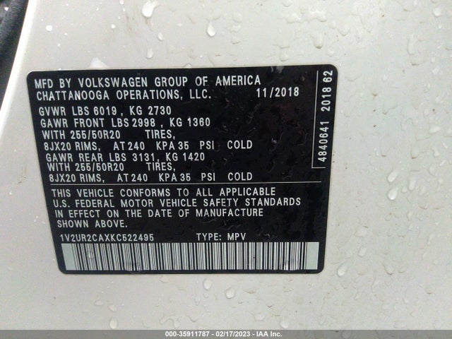 1V2UR2CAXKC522495 Volkswagen Atlas 3.6l V6 Se W/technology
