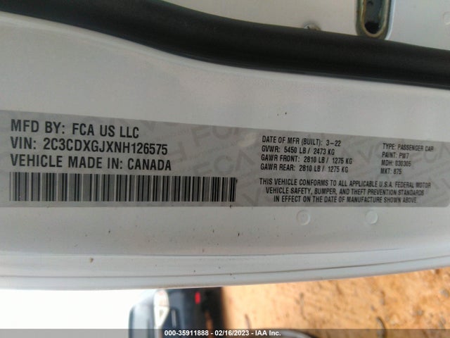 2022 DODGE CHARGER SCAT PACK VIN: 2C3CDXGJXNH126575