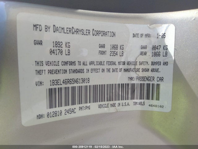 2005 DODGE STRATUS SDN SXT VIN: 1B3EL46R65N613018
