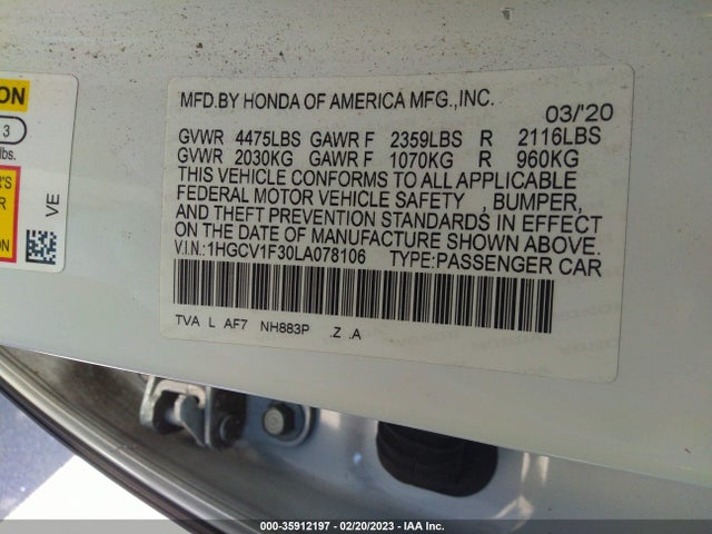 2020 HONDA ACCORD SEDAN SPORT VIN: 1HGCV1F30LA078106