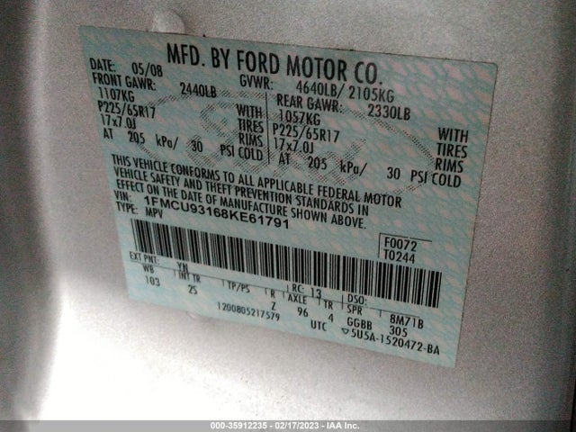 2008 FORD ESCAPE XLT VIN: 1FMCU93168KE61791