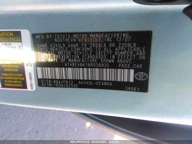 2008 TOYOTA CAMRY VIN: 4T4BE46K18R038935