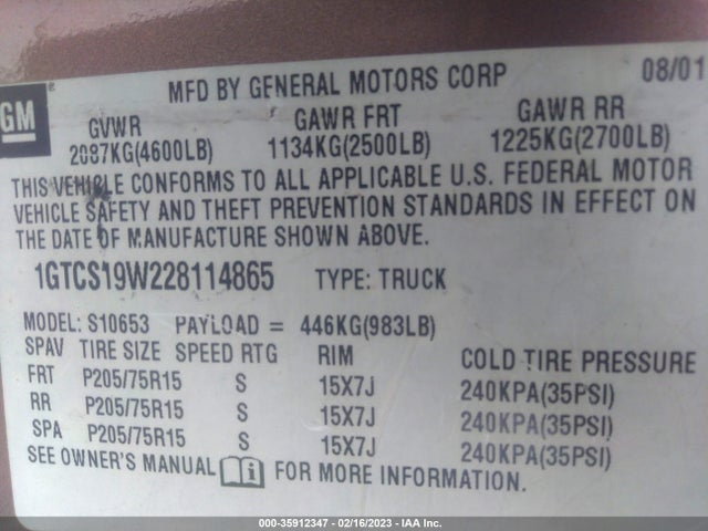 GMC Sonoma Sls 2002 1GTCS19W228114865 Image 10
