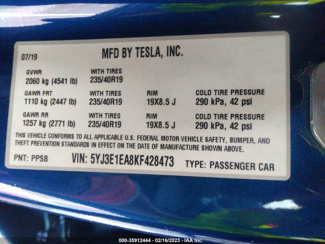 Tesla Model 3 Range 2019 5YJ3E1EA8KF428473 Image 10