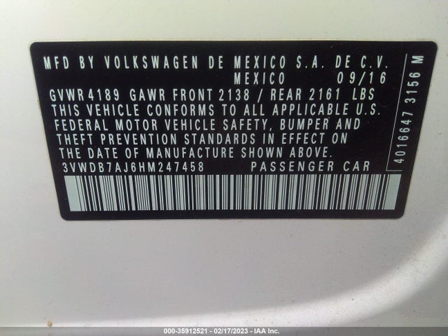 2017 Volkswagen Jetta, VIN: 3VWDB7AJ6HM247458