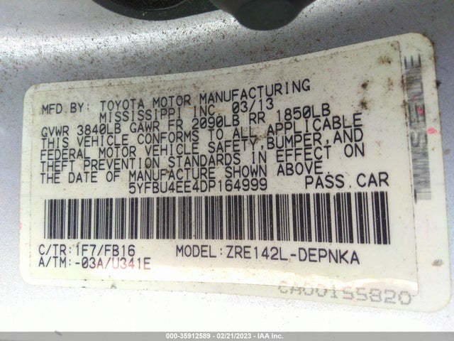 2013 TOYOTA COROLLA L/LE/S VIN: 5YFBU4EE4DP164999