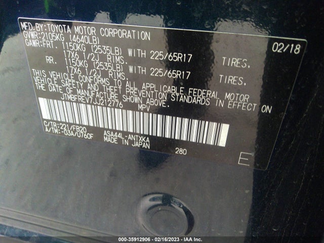 2018 TOYOTA RAV4 LE VIN: JTMBFREV7JJ212776