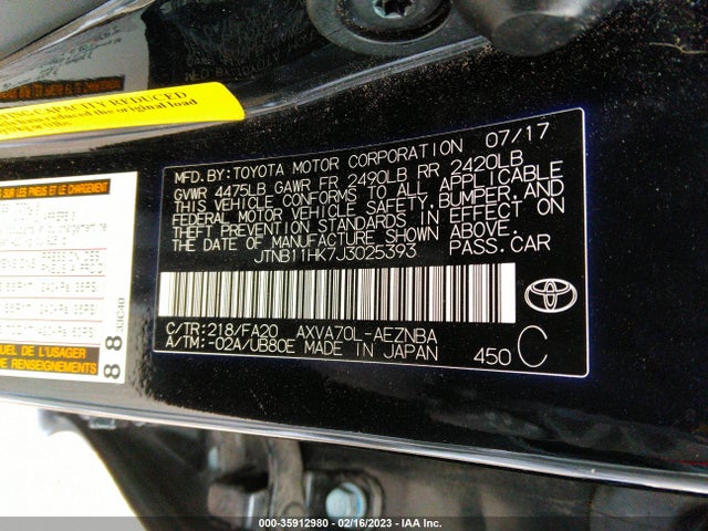 2018 TOYOTA CAMRY LE/SE/XLE/L VIN: JTNB11HK7J3025393