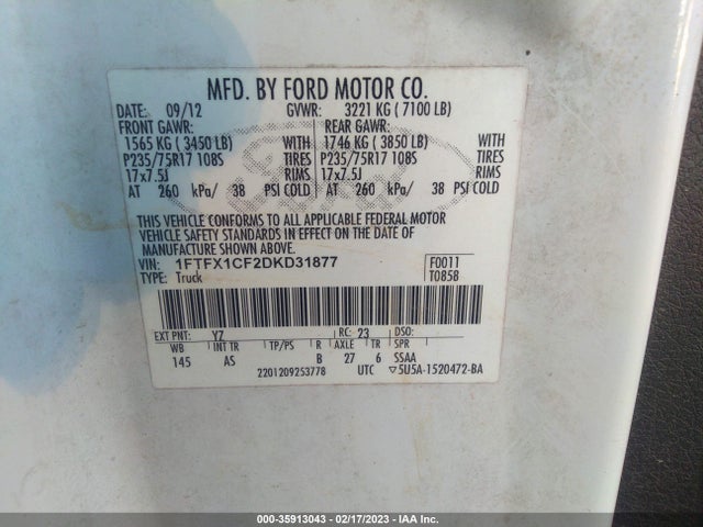 2013 FORD F-150 XL/STX/XLT/FX2/LARIAT VIN: 1FTFX1CF2DKD31877