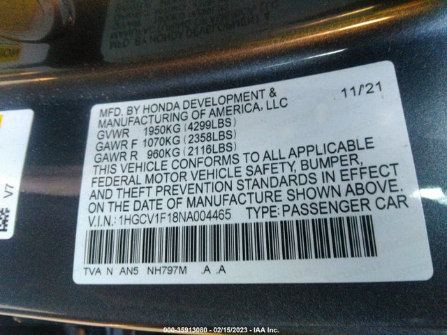 2022 Honda Accord, VIN: 1HGCV1F18NA004465