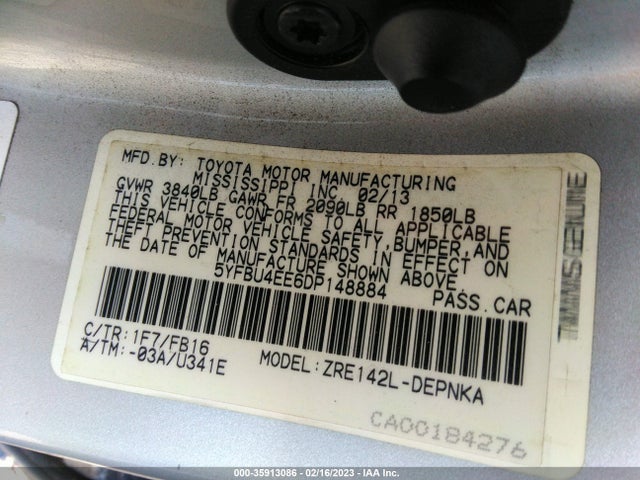 2013 TOYOTA COROLLA L/LE/S VIN: 5YFBU4EE6DP148884