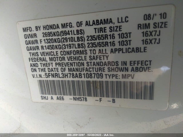 2010 HONDA ODYSSEY EX-L VIN: 5FNRL3H78AB108709