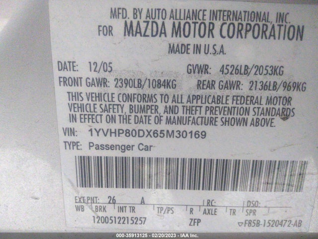 2006 MAZDA MAZDA6 SPORT S VIN: 1YVHP80DX65M30169