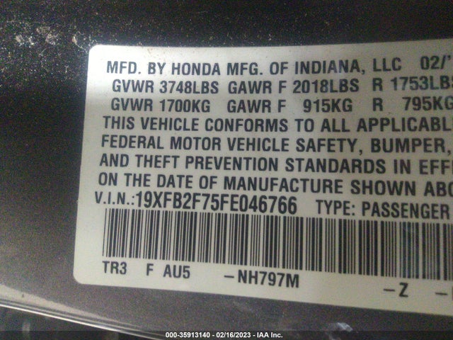 2015 HONDA CIVIC SEDAN SE VIN: 19XFB2F75FE046766