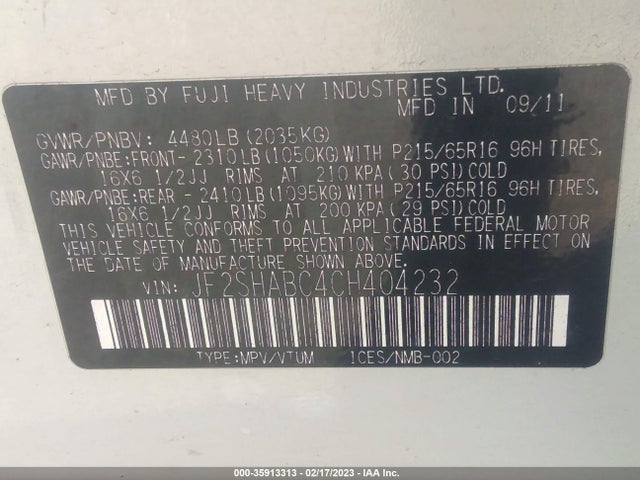 2012 SUBARU FORESTER 2.5X VIN: JF2SHABC4CH404232