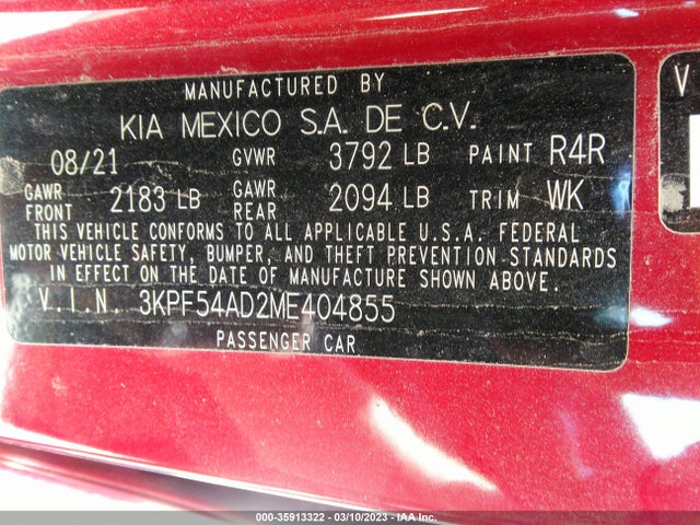 2021 KIA FORTE EX VIN: 3KPF54AD2ME404855