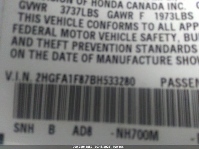 2011 HONDA CIVIC SDN EX VIN: 2HGFA1F87BH533280