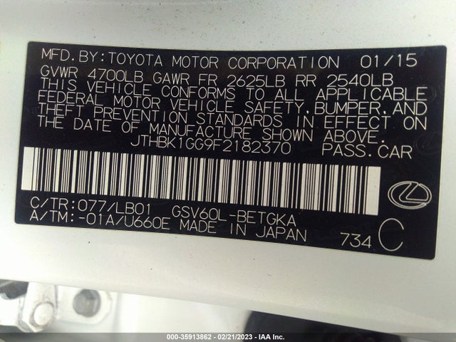 JTHBK1GG9F2182370 Lexus ES 350