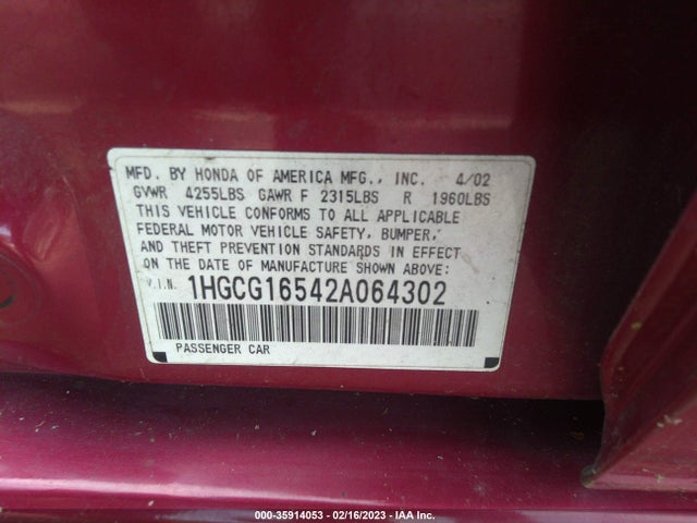 2002 HONDA ACCORD SDN EX W/LEATHER VIN: 1HGCG16542A064302