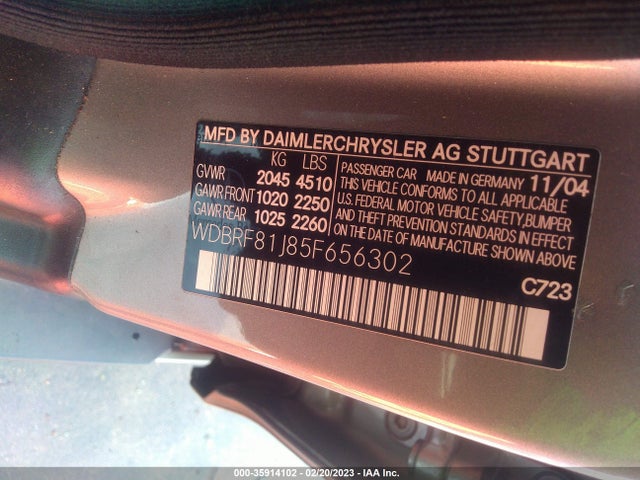 2005 MERCEDES-BENZ C-CLASS 2.6L VIN: WDBRF81J85F656302