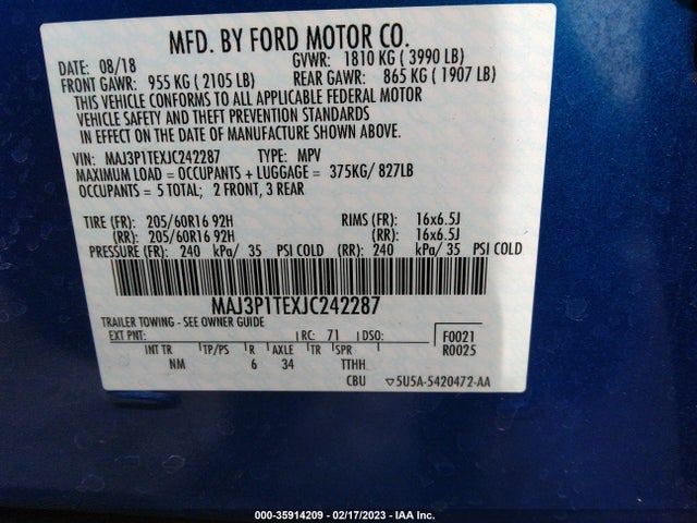 2018 FORD ECOSPORT SE VIN: MAJ3P1TEXJC242287