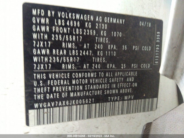 WVGAV7AX6JK005621 Volkswagen TIGUAN LIMITED