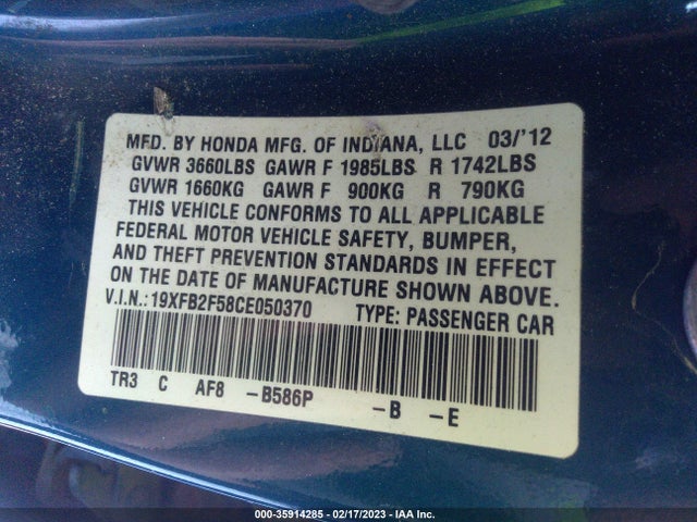 2012 HONDA CIVIC LX VIN: 19XFB2F58CE050370