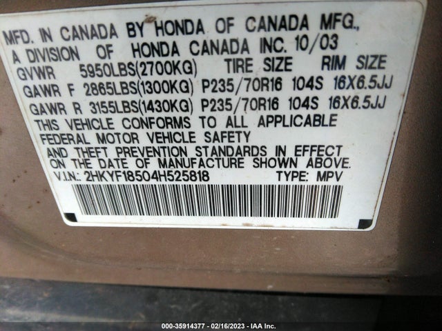 2004 HONDA PILOT EX VIN: 2HKYF18504H525818