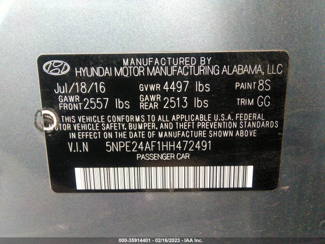 Hyundai Sonata 2.4l 2017 5NPE24AF1HH472491 Image 9