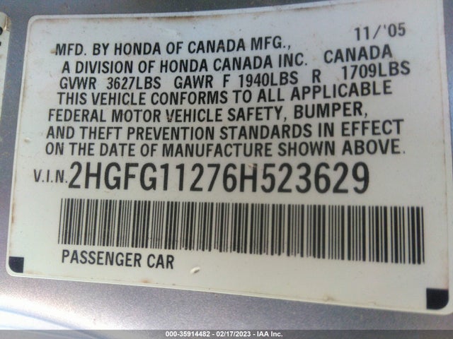 2006 HONDA CIVIC CPE DX VIN: 2HGFG11276H523629