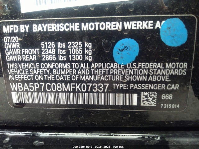 2021 BMW 3 Series, VIN: WBA5P7C08MFK07337