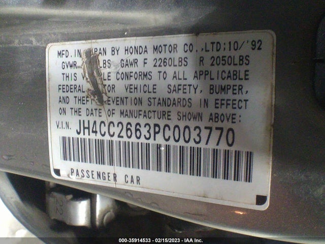 1993 ACURA VIGOR GS VIN: JH4CC2663PC003770