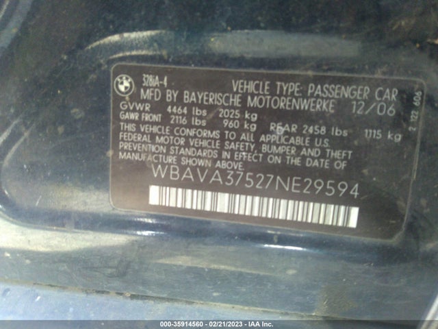 2007 BMW 3 SERIES 328I VIN: WBAVA37527NE29594
