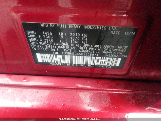 2011 SUBARU LEGACY 2.5I PREM AWP VIN: 4S3BMBC65B3228974