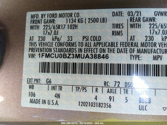 2021 Ford Escape, VIN: 1FMCU0BZ3MUA38846